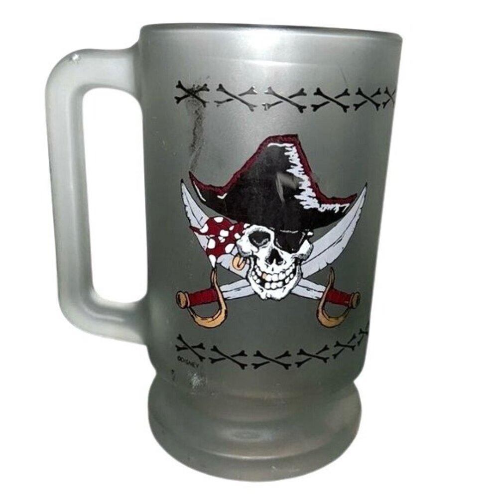 Disney Pirates Of The Caribbean Frosted Glass Mug 16 Oz Skull & Crossbones